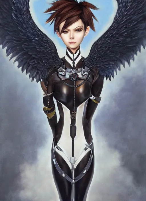 Image similar to full body artwork of tracer overwatch wearing leather collar in style of zdzisław beksinski, angel wings, dramatic painting, symmetrical composition, wearing detailed leather collar, black shiny armor, chains, black harness, detailed face and eyes,