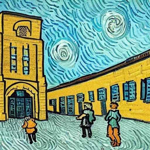 Prompt: school with prisoners van gogh style