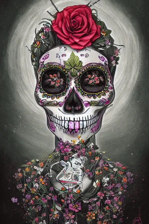 Prompt: Illustration of a sugar skull day of the dead girl, art by Andrew Ferez