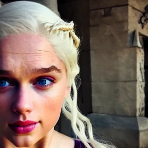 Prompt: a selfie of daenerys targaryen played by taylor swift, smooth skin, purple eye color, ethereal beauty, medium shot, detailed eyes, vivid, golden hour