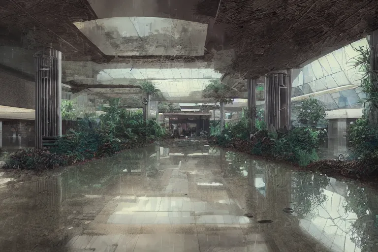 Prompt: A megamall lobby flooding, rain pouring, overgrown, dusty sky, digital art, artstationhq