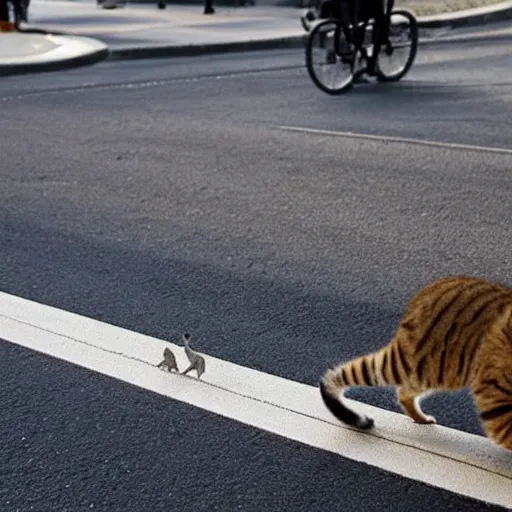 Prompt: cats crossing the street but only their shadows are visible