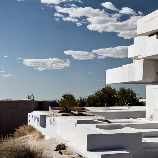 Image similar to habitat 6 7, white lego architect building in the dessert, many plants and infinite pool