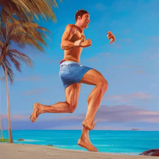 Prompt: a running man on the beach, happy, painted by jean charles blais, Mambo Graphics, oil pant, bruskstrokes, color, ultra detailed, 8k