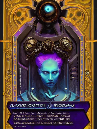 Image similar to Boardgame card back, sci-fi, horror, cyberpunk, ornamental edges, sharp, intricate, symmetrical, Lovecraftian, purple, gold, black and blue, tzeentch, by greg rutkowski and alphonse mucha, 8k, trending on artstation