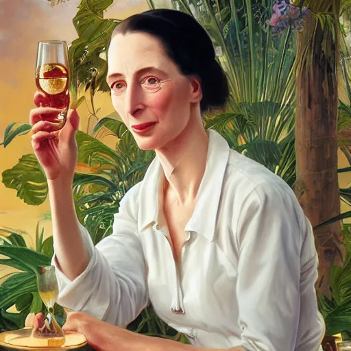 Image similar to portrait painting of jane goodall toasting with a martini, ultra realistic, concept art, intricate details, serious, highly detailed, photorealistic, octane render, 8 k, unreal engine. art by artgerm and greg rutk owski and alphonse mucha