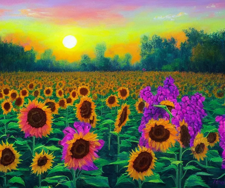 Prompt: sunflowers, william henrits, hovik zohraybyan, oil painting, bright colors, pink skies, sunrise, peaceful, serene, joy