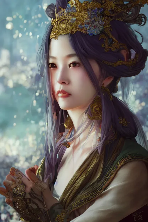 Prompt: portrait online game genshin character ayaka, in ruined fantasy world Sunrise, ssci-fi, fantasy, intricate, very beautiful and elegant, highly detailed, digital painting, artstation, concept art, smooth and sharp focus, illustration, art by tian zi and WLOP and alphonse mucha