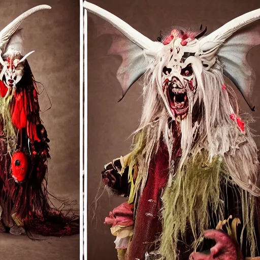 Image similar to a photography of a costume of a demonic creature with big painted eyes and a dragon mouth, with lots of long hairs and wearing multiple layers of fabrics with patterns by charles freger