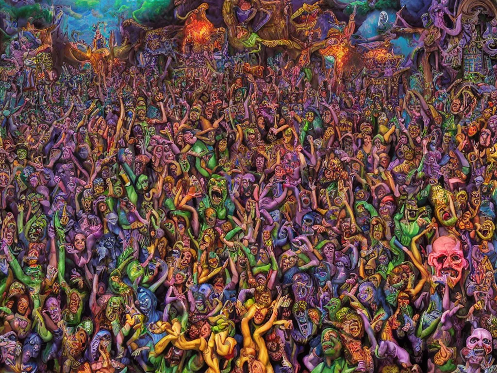 Image similar to digital painting rave party in hell by Chor Boogie, intricate details, ultra detailed, 4K, award-winning, touch of M. C. Escher and Salvador Dali