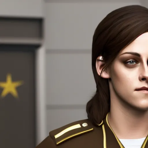 Image similar to Render of Kristen Stewart as Honor Harrington wearing an officer's uniform, cute 3d, long brown hair, brown eyes, soft smile, golden hour, aboard a starship, medium shot, mid-shot, trending on Artstation, Unreal Engine 4k