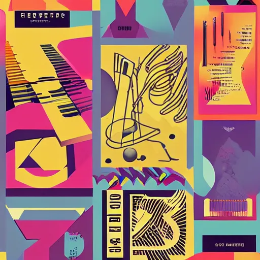 Image similar to beautiful cool graphic design setlist for pitchfork festival, illustration of instruments and stage bauhaus style shapes bright colors psychedelic stickers bold text design, set list of bands saturday and sunday