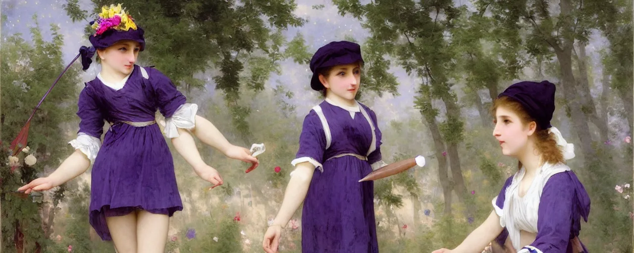 Prompt: A character sheet of a very cute magical girl with short blond hair wearing an oversized purple Beret, Purple overall shorts, Short Puffy pants made of silk, pointy jester shoes, a big billowy scarf, and white leggings. Rainbow accessories all over. Flowing fabric. Covered in stars. Short Hair. Art by william-adolphe bouguereau and Paul Delaroche and Alexandre Cabanel and Lawrence Alma-Tadema and WLOP and Artgerm. Fashion Photography. Decora Fashion. harajuku street fashion. Kawaii Design. Intricate, elegant, Highly Detailed. Smooth, Sharp Focus, Illustration Photo real. realistic. Hyper Realistic. Sunlit. Moonlight. 4K. UHD. Denoise.