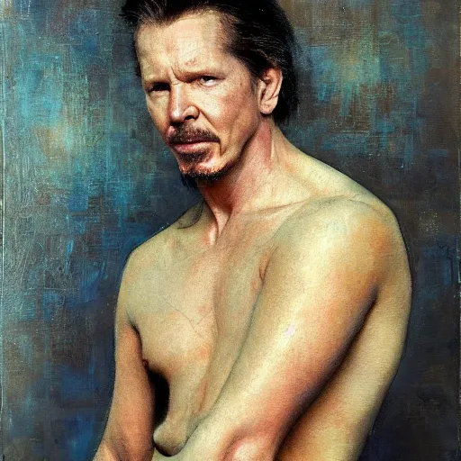 Prompt: Gary Oldman with an shredded, toned, inverted triangle body type, painting by Gaston Bussiere, Craig Mullins, XF IQ4, 150MP, 50mm, F1.4, ISO 200, 1/160s, natural light