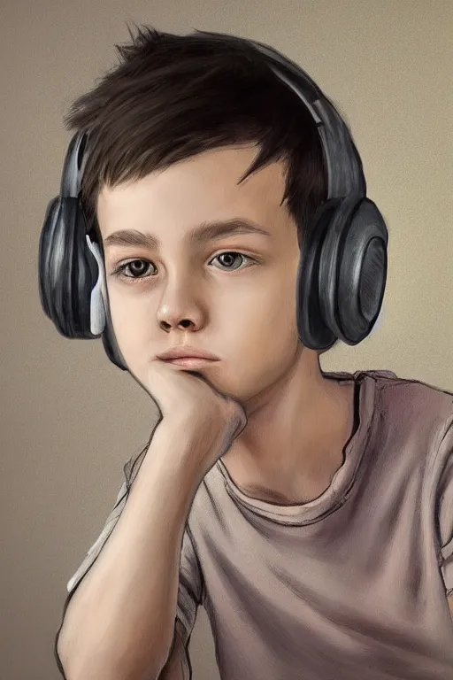 Image similar to a boy with headphones sitting on a table in a cafe, digital art, digital painting, masterpiece, concept art, trending on deviantart, highly detailed, high quality, anatomically correct, five fingers, cinematic, high coherence, soft lighting, soft colors, beautiful, elegant, short black hair, 4 k, symmetrical, realistic and detailed face, cartoon