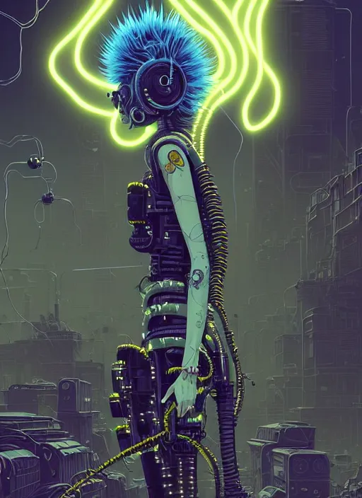 Image similar to highly detailed portrait of wasteland punk long curly neon white plasma electricity hair tribal lady, stray electric spark wiring by atey ghailan, james gilleard, by joe fenton, by greg rutkowski, by greg tocchini, by kaethe butcher, 4 k resolution, gradient yellow, black and white color scheme!!! ( ( lightning cloudy robotic dystopian city background ) )