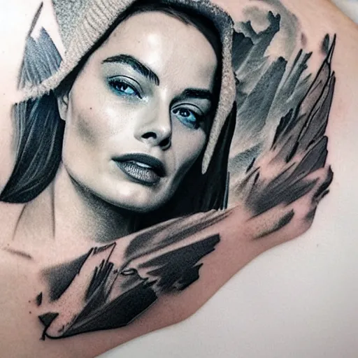 Prompt: tattoo design sketch with double exposure effect, margot robbie face and beautiful mountain scenery, in the style of matteo pasqualin, amazing detail