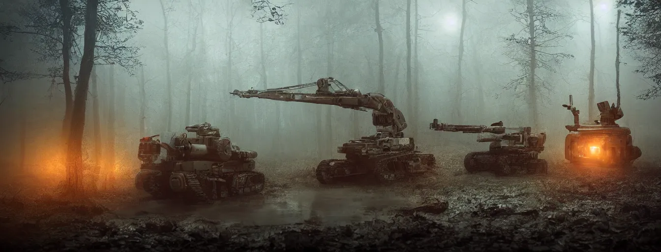 Prompt: imagination of heavy army robot hunting remaining human in dark foggy old forest in the night, postapo, dystopia style, heavy rain, reflections, high detail, horror dramatic moment, motion blur, dense ground fog, dark atmosphere, saturated colors, by darek zabrocki, render in unreal engine - h 7 0 4