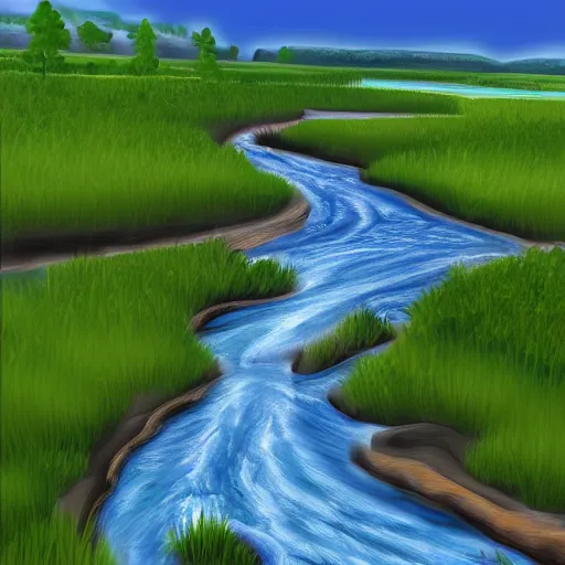 Image similar to digital art painting of a river running through the plains, very mediocre, not detailed at all.