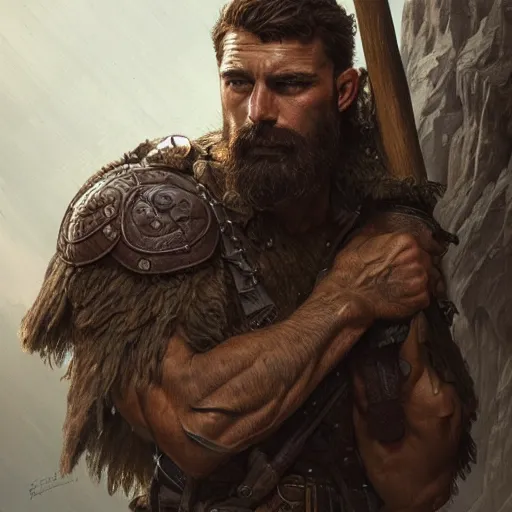 Image similar to portrait of a rugged ranger, muscular, upper body, hairy torso, D&D, fantasy, intricate, elegant, highly detailed, digital painting, artstation, concept art, matte, sharp focus, illustration, art by Artgerm and Greg Rutkowski and Alphonse Mucha