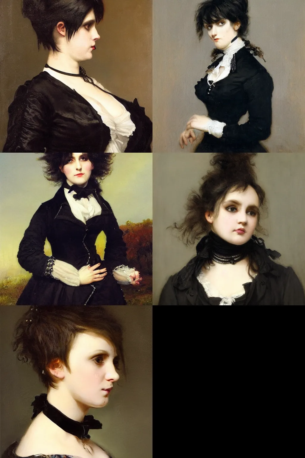 Prompt: a goth portrait painted by andreas achenbach. her hair is dark brown and cut into a short, messy pixie cut. she has a slightly rounded face, with a pointed chin, large entirely - black eyes, and a small nose. she is wearing a black tank top, a black leather jacket, a black knee - length skirt, and a black choker.