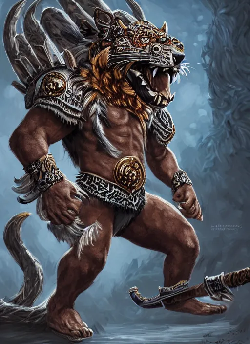 Image similar to a highly detailed illustration of fierce aztec jaguar warrior wearing white jaguar mane, heroic roaring wielding aztec sword pose, intricate, elegant, highly detailed, centered, digital painting, artstation, concept art, smooth, sharp focus, league of legends concept art, wlop