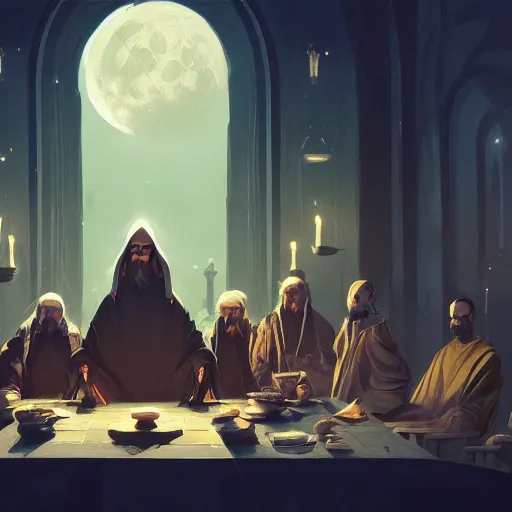 Prompt: A meeting of the council of elders, robed figures sat around a table, beautiful architecture, night time, stars visible, beautiful moon light, concept art, fantasy art, painted by Greg Rutkowski, trending on artstation