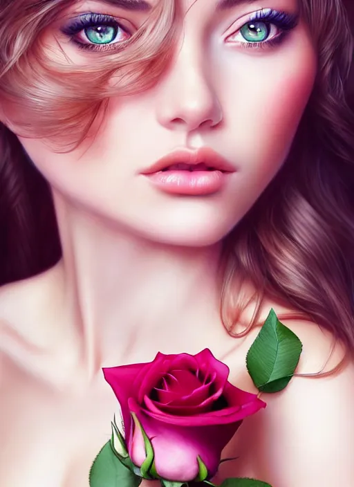 Image similar to a gorgeous female photo, professionally retouched, soft lighting, holding a bouquet of roses, realistic, smooth face, perfect eyes, wide angle, sharp focus on eyes, 8 k high definition, insanely detailed, intricate, elegant, art by artgerm and wlop