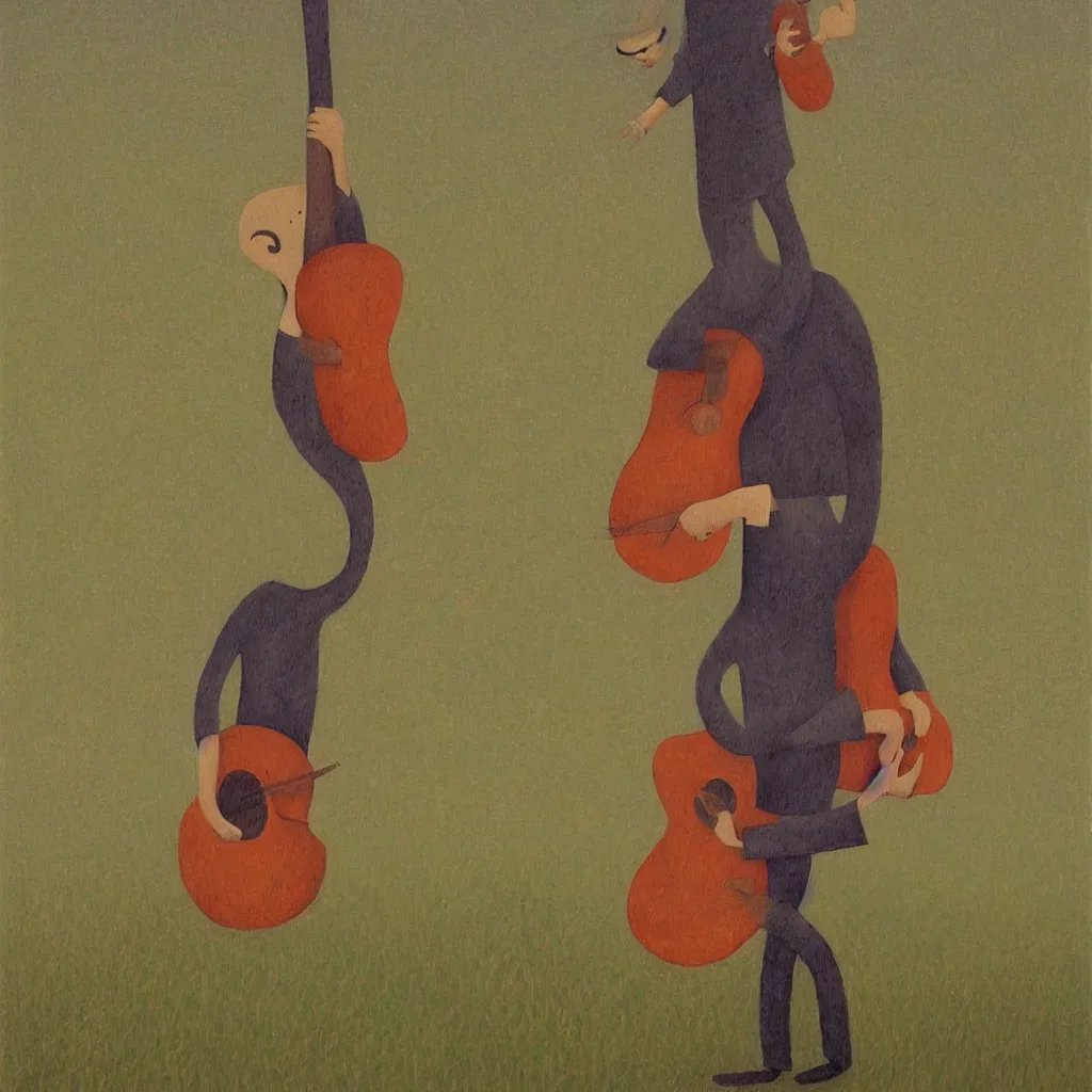 Image similar to whimsical painting of a man with a guitar for a head standing in a green field, painted by shaun tan, award winning painting