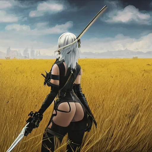 Prompt: a high resolution very detailed image of a 2 with a sword in russian tank boss fight from nier : automata in yellow rye field under pure blue skies