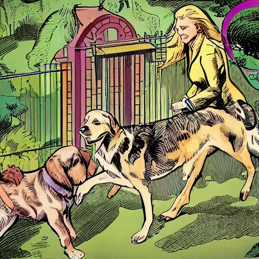 Image similar to golden retriever walking on a garden, isometric aerial panel, comic art by kirby, gibbons and buscema