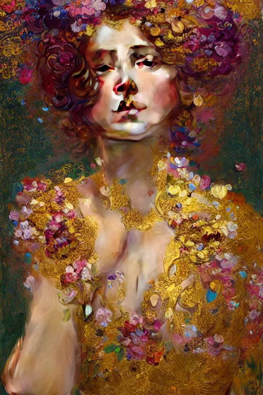 Image similar to an intricate painting of a beautiful young lady surrounded by flowing flower petals covered in silk clothes with klimt golden motives and textures, hyper detailed, ornamental gold headpiece, octane render, vivid colors, artstation, by jeremy mann, by alphonse mucha, by boris vallejo