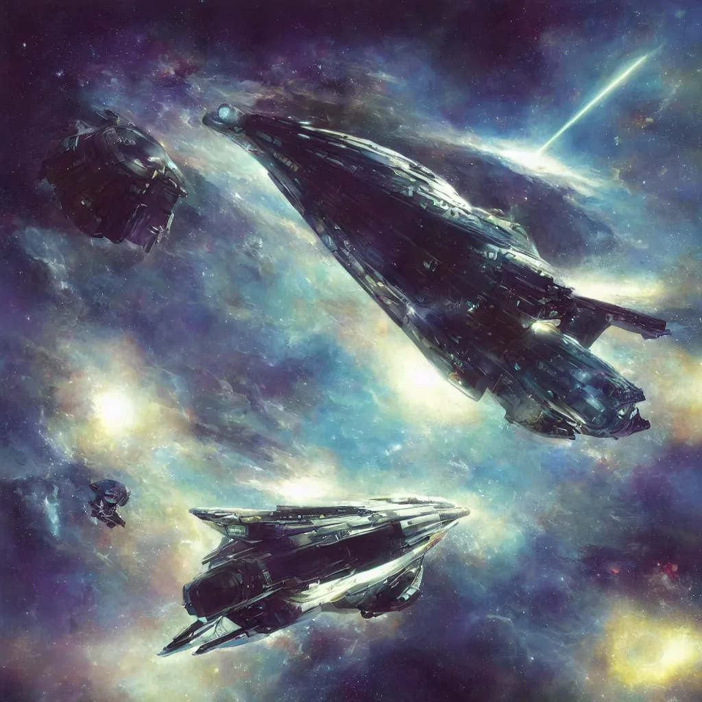 Image similar to “a geometrically complex spaceship in a nebula deep in space, sci-fi concept art, 8k, by John Harris, by John Berkey”