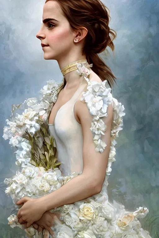 Image similar to Emma Watson in a decorated dress made of white and cream colored roses, holding a realistic and detailed white swan in her arms, highly detailed, digital painting, Trending on artstation , HD quality, by artgerm and greg rutkowski and alphonse mucha, dramatic light, octane