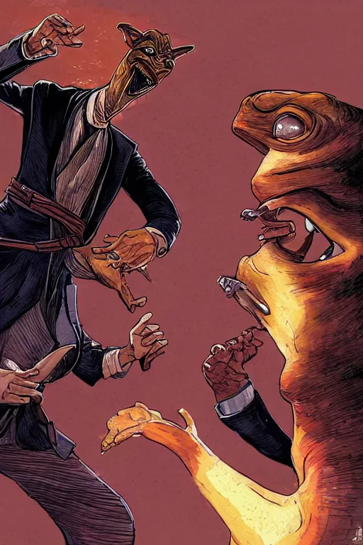 Prompt: [a fight between Macron and JarJar Binks, 4k, HD, high quality, art by Moebius]