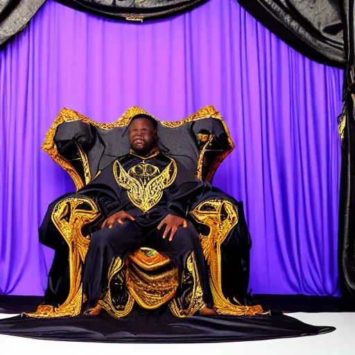 Prompt: Large black man sitting on throne wrapped in silk, background made of large folding curtains, blacklight lighting, dark, hyper detailed, hyper realistic, 8K phot realistic,