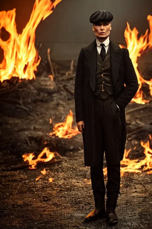 Prompt: Full-body portrait of Cillian Murphy in Peaky Blinders standing, fire in the background, dramatic, gloomy, dark, bleak, cheerless, desolate, impressive, tragic, cinematic, dull colours, dark colour scheme, atmospheric, high quality