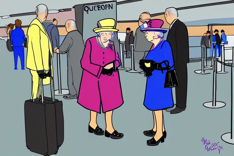 Prompt: the queen queuing at check in an airport, digital art by randy bishop