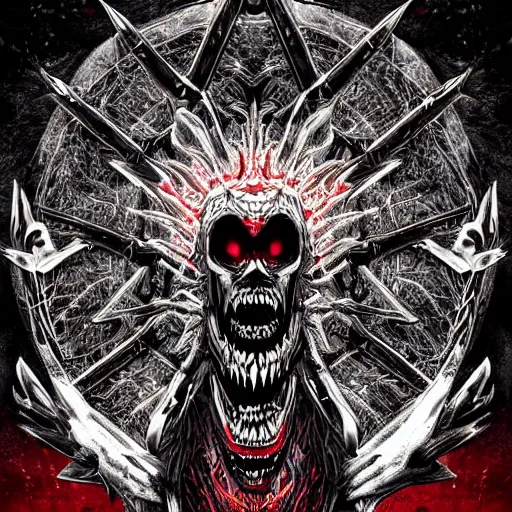 Image similar to a dark matter schizophrenia sphare limbo digital art angry demon in iron armor and dragon bones with diamonds sits on the black throne of death and looks with red eyes into the darkness against the background of a bright red sun