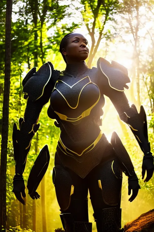 Prompt: hyperrealistic mithra goregous black woman exoskeleton armor in a forest sun behind her concept art eric zener elson peter cinematic side soft yellow light low angle hd 8k sharp shallow depth of field