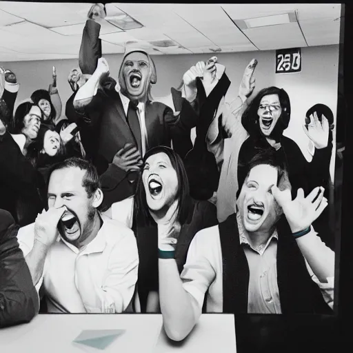 Image similar to cool business people freaking out at work, screaming yelling, throwing things. medium format photograph.