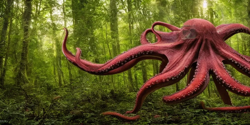 Prompt: a huge octopus in the middle of a forest, beautiful ambient light, 8k photography