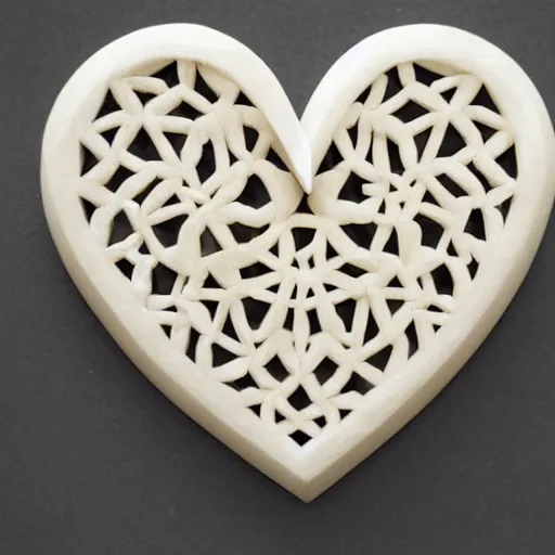 Image similar to geometric heart carved out of ivory, c anon 5 d 5 0 mm lens