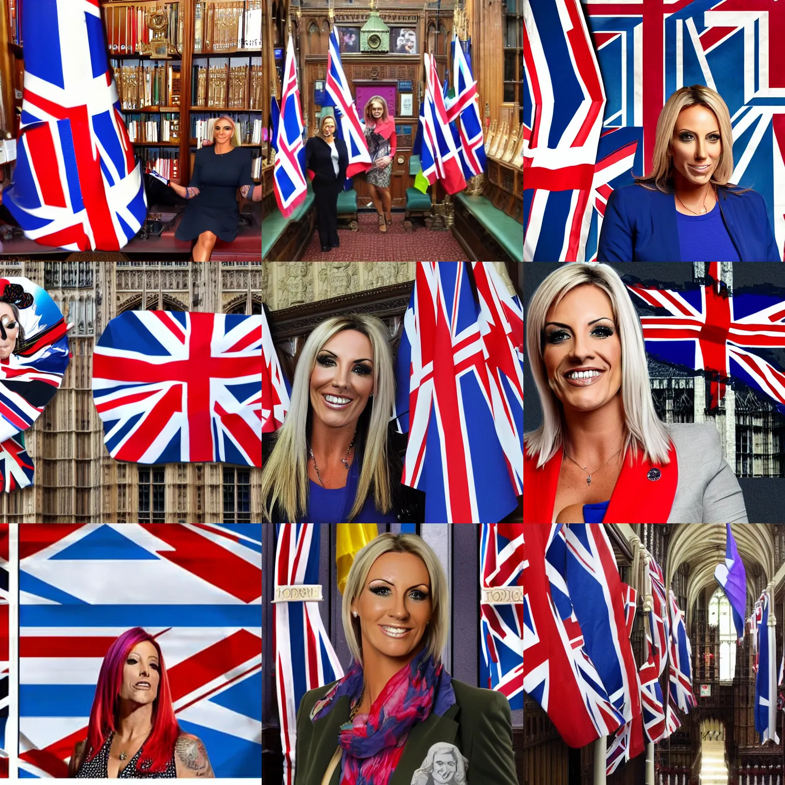 Prompt: Jodie Marsh prime minister of UK, in Houses of Parliament, flags of UK behind, detailed picture