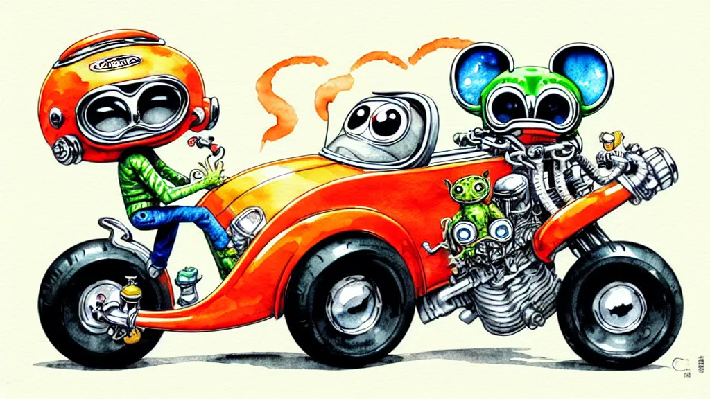 Image similar to cute and funny, tarsier wearing a helmet riding in a hot rod with oversized engine, ratfink style by ed roth, centered award winning watercolor pen illustration, isometric illustration by chihiro iwasaki, edited by range murata, tiny details by artgerm and watercolor girl, symmetrically isometrically centered