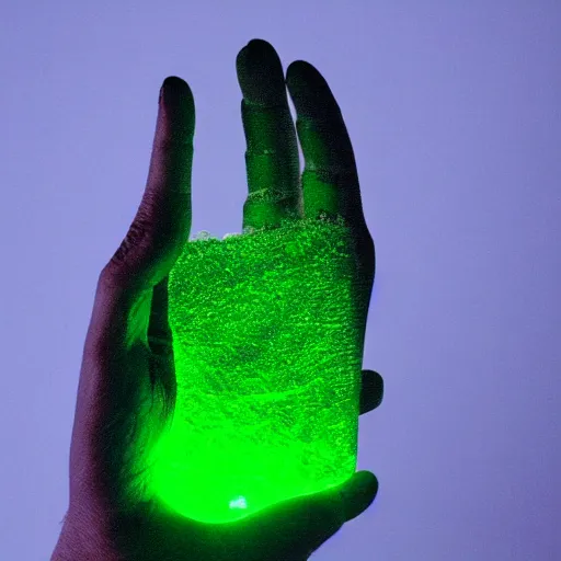 Image similar to a glowing shard of kryptonite held in an open black - gloved hand, pitch black, dimly lit only by the green glow of the kryptonite