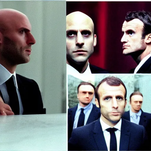 Prompt: bald and beardy Emmanuel Macron in American Psycho (1999)