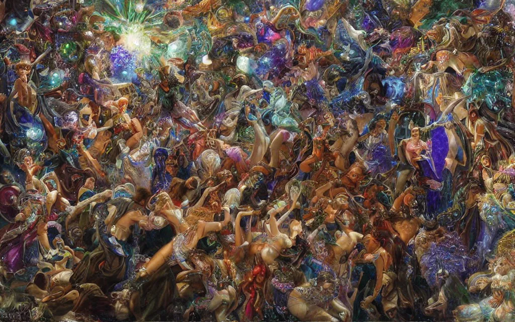 Prompt: magical crystals dance in the air, spinning and shining in a chaotic but beautiful display by donato giancola and steve argyle