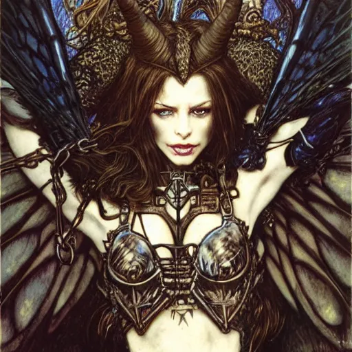 Image similar to head and shoulders portrait of an armored erinyes devil with bat wings, d & d, fantasy, luis royo, magali villeneuve, donato giancola, wlop, krenz cushart, hans zatka, klimt, alphonse mucha