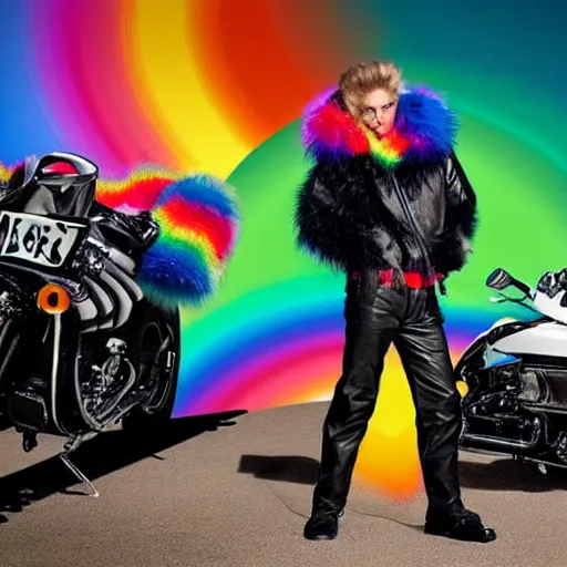 Image similar to wide angle full body, jacket wearing fluffy cute rainbow kitten wearing a black leather motorcycle jacket, cinematic concept art